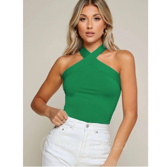 Green Halter Tank Top Criss Cross Slim Fit Stretchy - Picture 6 of 7